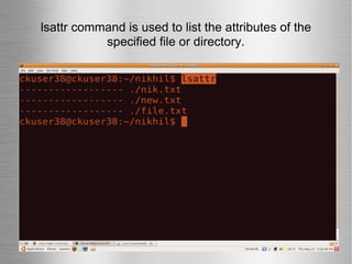 lsattr command is used to list the attributes of the specified file or directory. 
