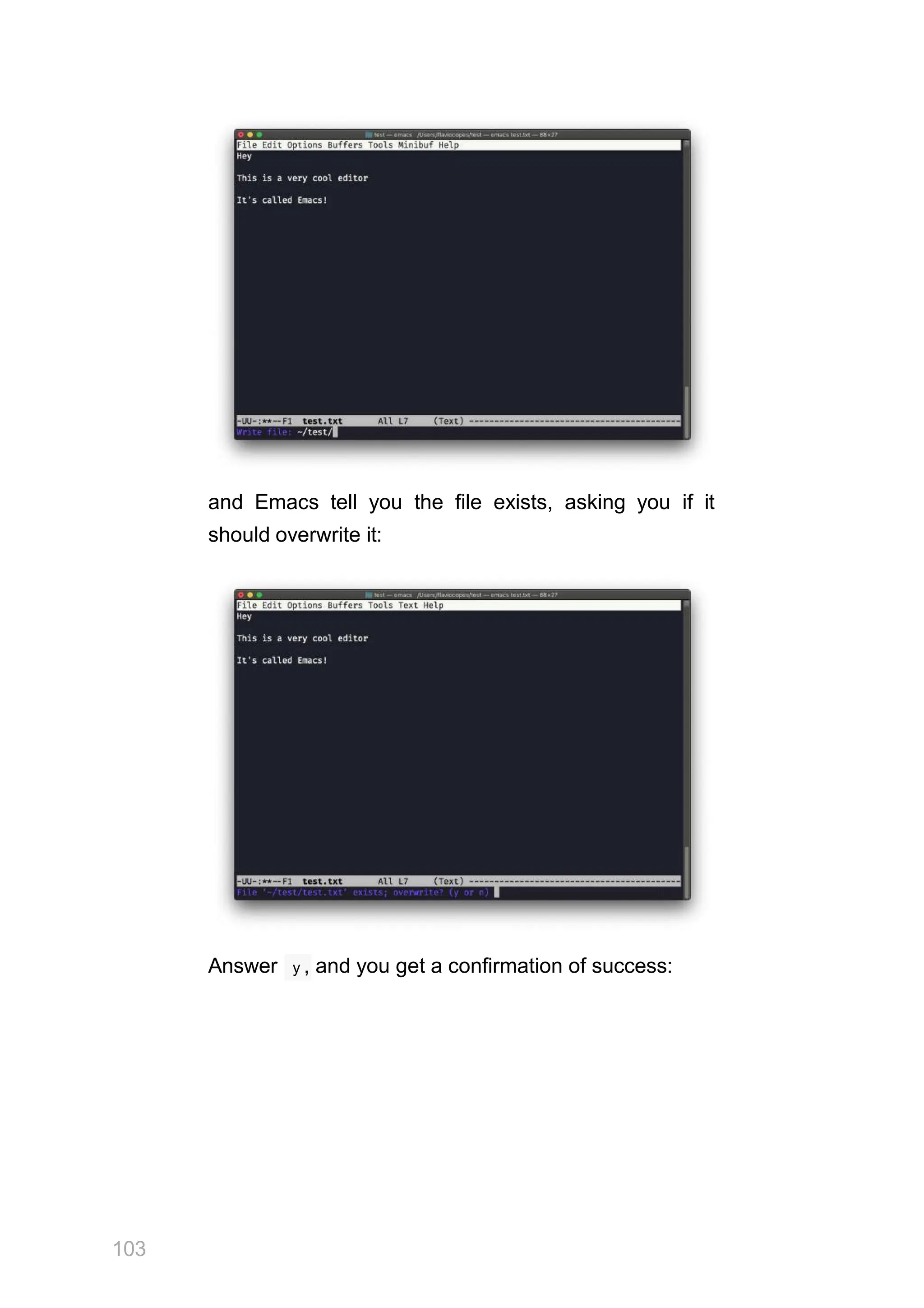 and Emacs tell you the file exists, asking you if it
should overwrite it:
Answer y , and you get a confirmation of success:
103
 