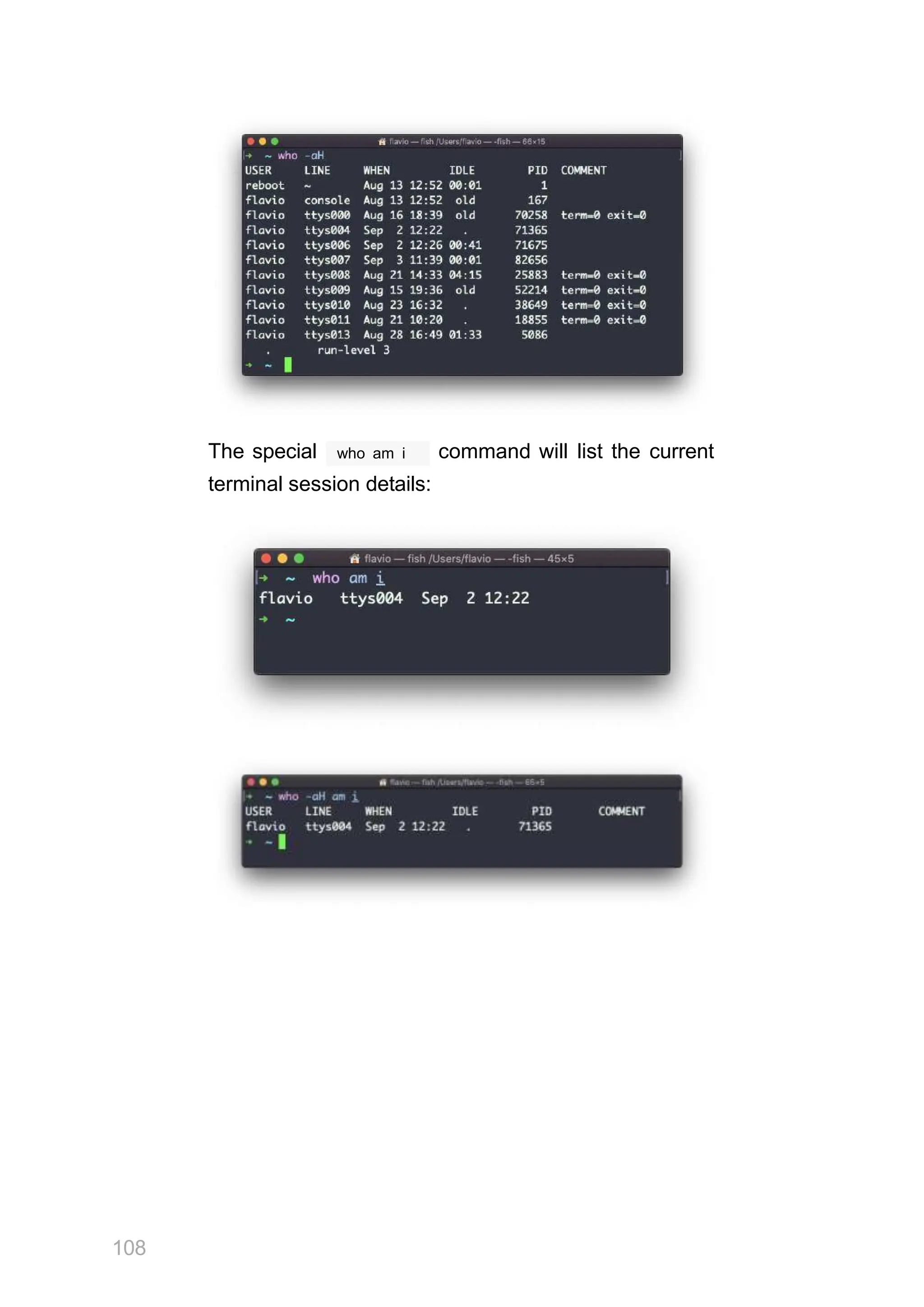The special who am i command will list the current
terminal session details:
108
 