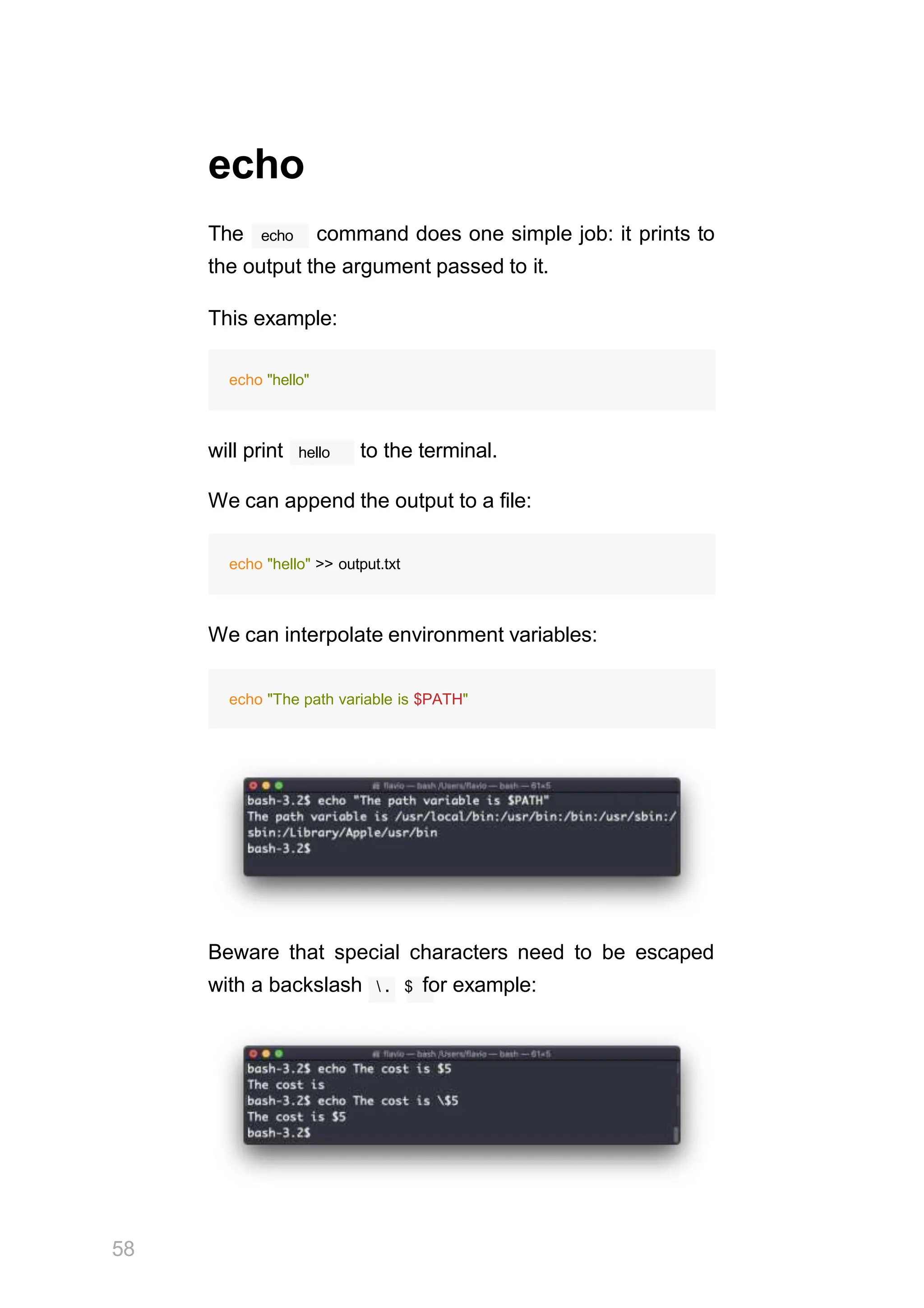 echo
echo
The command does one simple job: it prints to
the output the argument passed to it.
This example:
echo "hello"
hello
will print to the terminal.
We can append the output to a file:
echo "hello" >> output.txt
We can interpolate environment variables:
echo "The path variable is $PATH"
Beware that special characters need to be escaped
with a backslash  . $ for example:
58
 