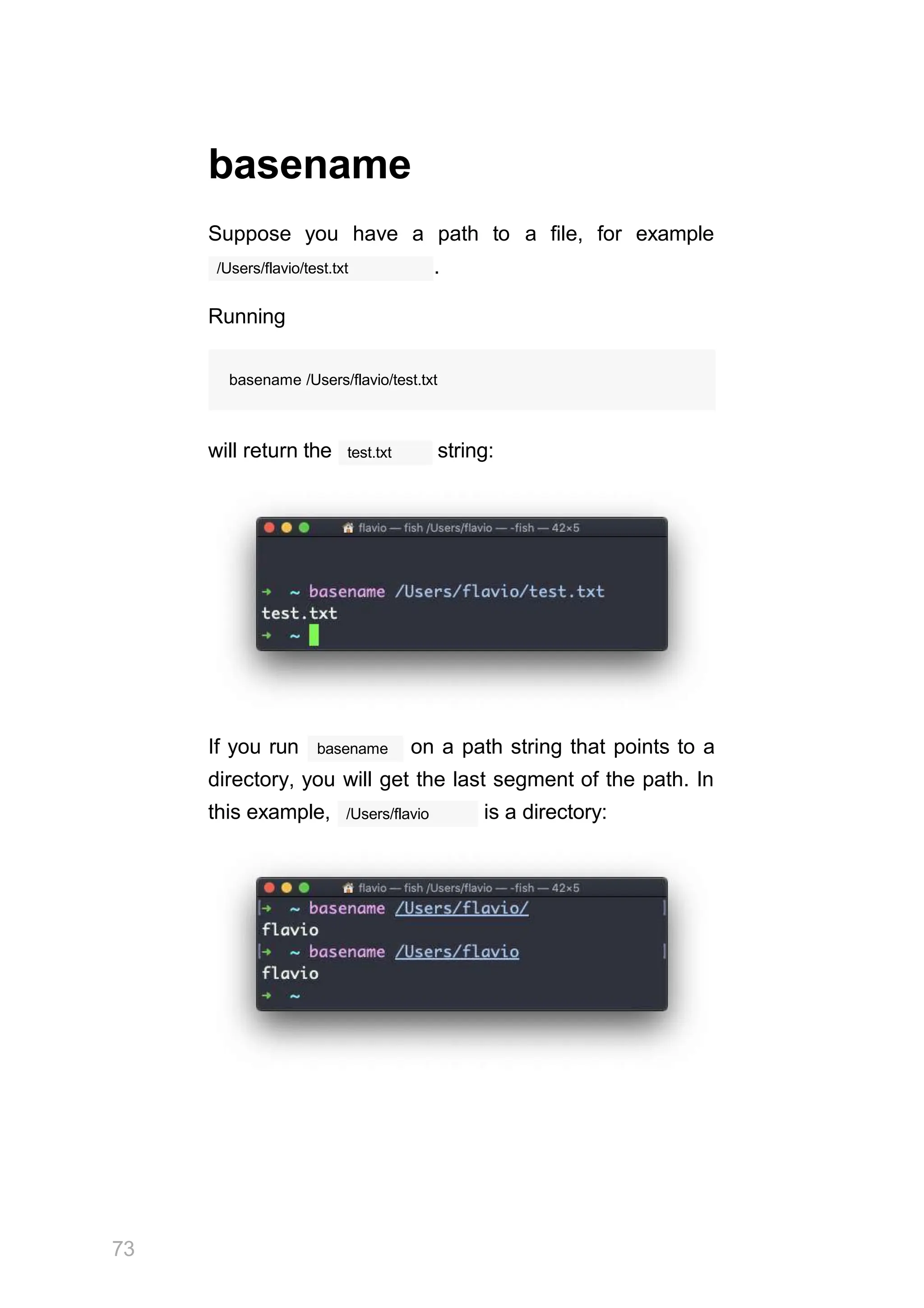 basename
a file, for example
/Users/flavio/test.txt
Suppose you have a path to
.
Running
basename /Users/flavio/test.txt
test.txt
will return the string:
basename
If you run on a path string that points to a
directory, you will get the last segment of the path. In
/Users/flavio
this example, is a directory:
73
 