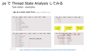 ps  Thread State Analysis Ƥߤ
https://speakerdeck.com/tanelpoder/troubleshooting-linux-activity-with-task-state-sampling?slide=9
 