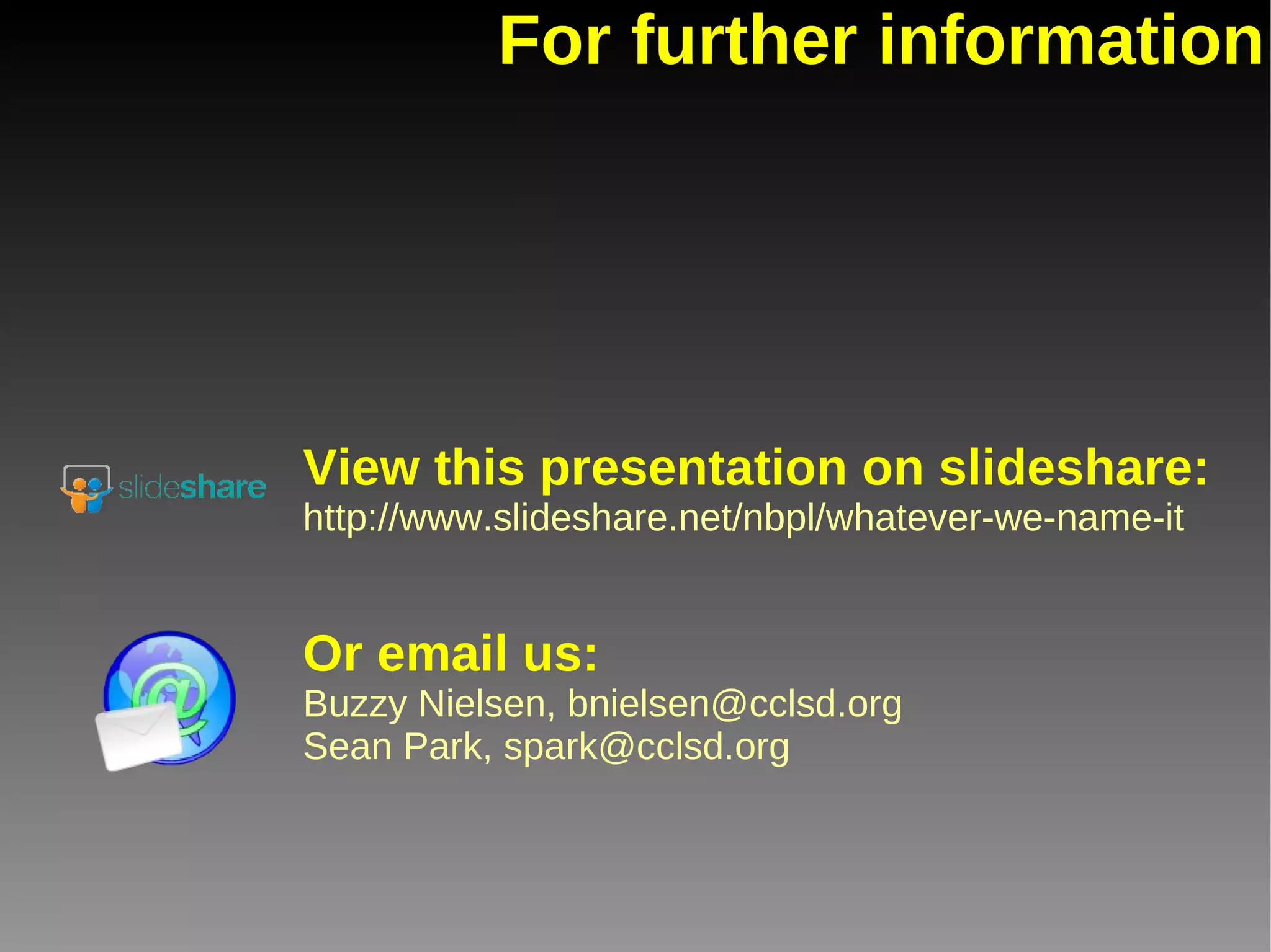Thanks! This presentation was made using open source software. Ubuntu Linux Operating system OpenOffice Impress Presentation program Mozilla Firefox Web browser GIMP Image editor Shutter Screenshot utility 