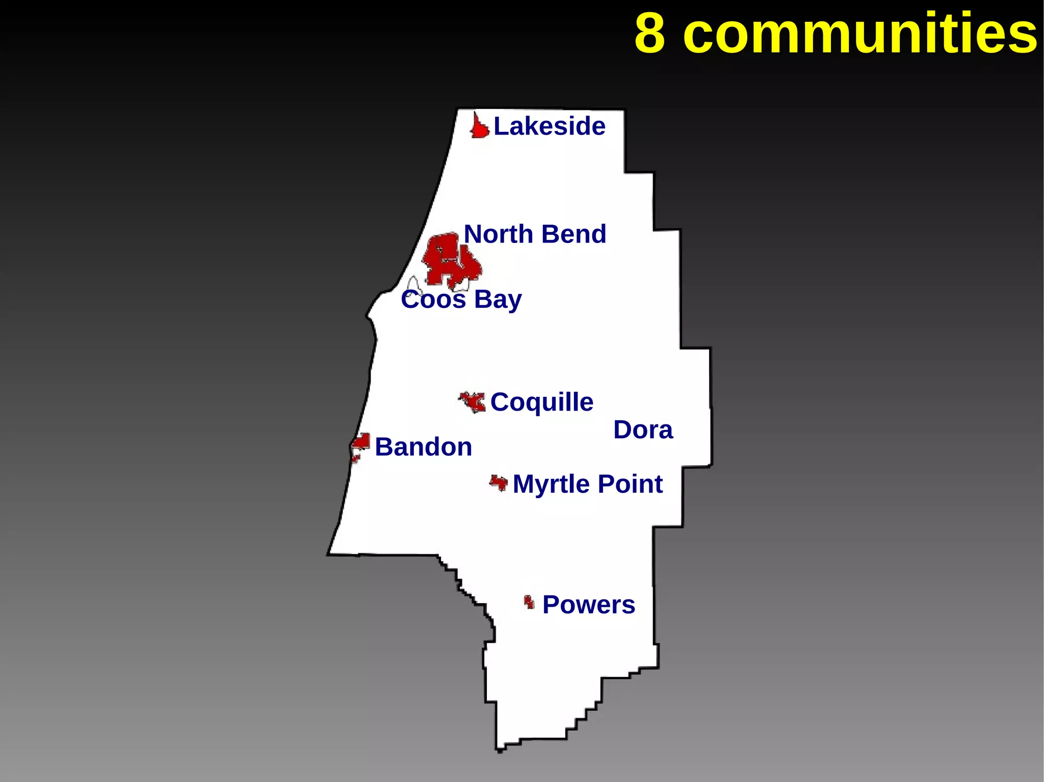8 communities Lakeside North Bend Coos Bay Coquille Bandon Myrtle Point Powers Dora 