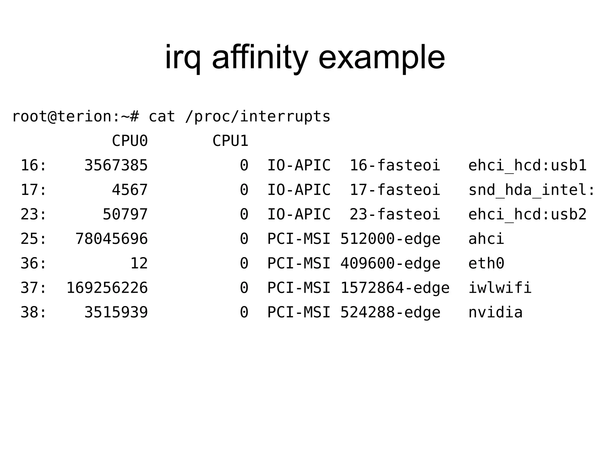irq affinity example
root@terion:~# cat /proc/interrupts
CPU0 CPU1
16: 3567385 0 IO-APIC 16-fasteoi ehci_hcd:usb1
17: 4567 0 IO-APIC 17-fasteoi snd_hda_intel:
23: 50797 0 IO-APIC 23-fasteoi ehci_hcd:usb2
25: 78045696 0 PCI-MSI 512000-edge ahci
36: 12 0 PCI-MSI 409600-edge eth0
37: 169256226 0 PCI-MSI 1572864-edge iwlwifi
38: 3515939 0 PCI-MSI 524288-edge nvidia
 