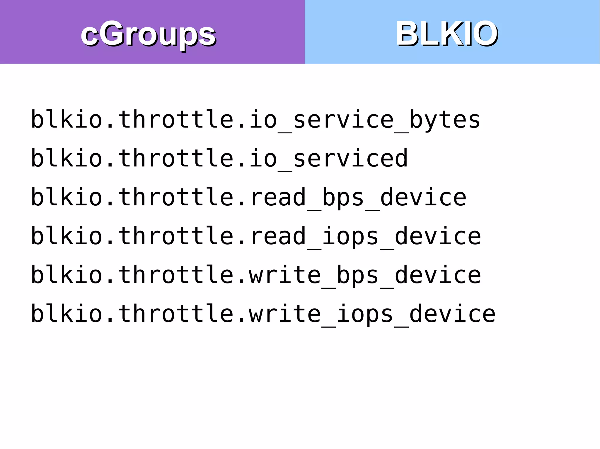 blkio.throttle.io_service_bytes
blkio.throttle.io_serviced
blkio.throttle.read_bps_device
blkio.throttle.read_iops_device
blkio.throttle.write_bps_device
blkio.throttle.write_iops_device
cGroupscGroups BLKIOBLKIO
 