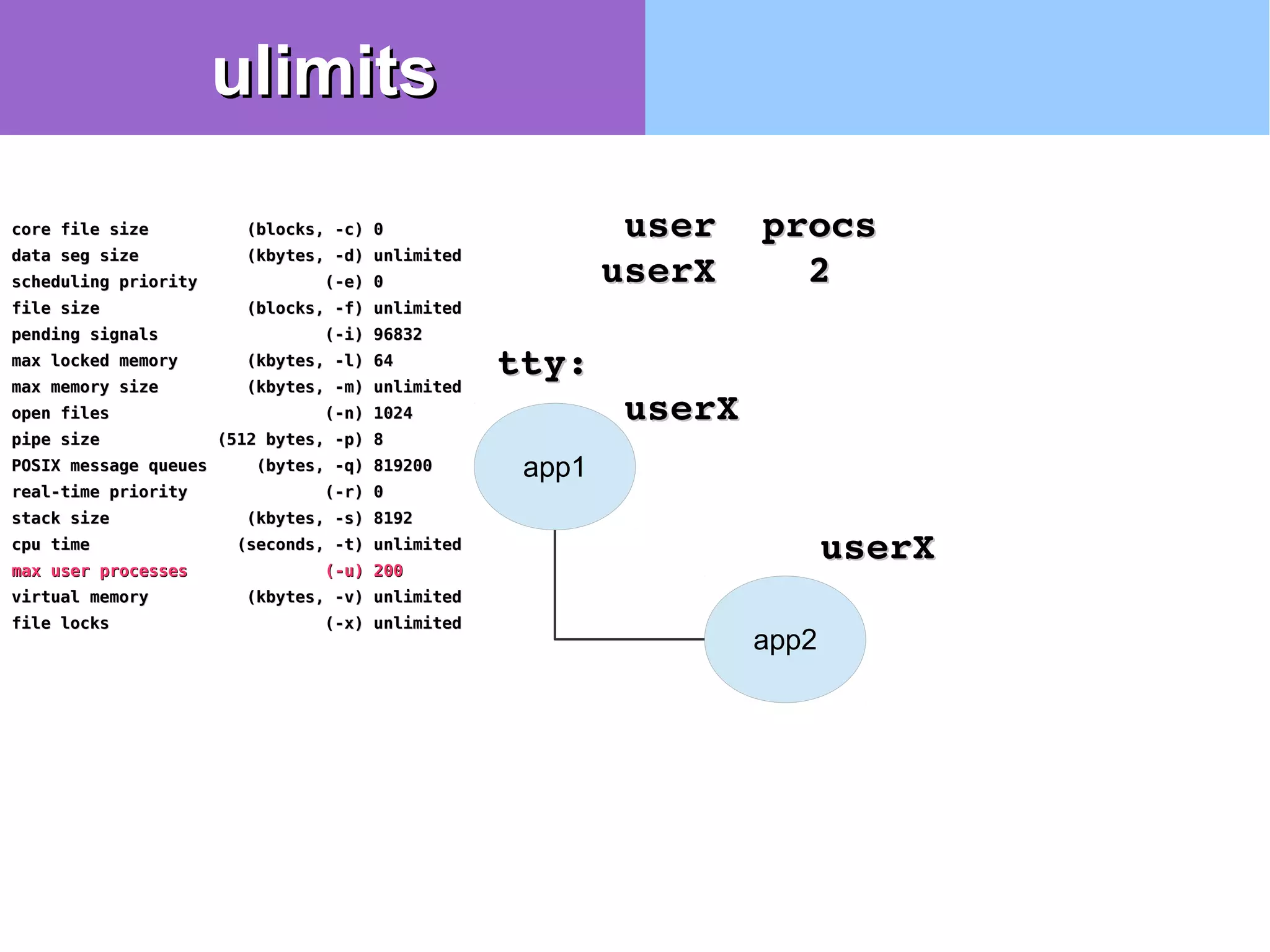 app2
app1
userXuserX
userXuserX
  user  procsuser  procs
userX    2userX    2
tty:tty:
core file size (blocks, -c) 0core file size (blocks, -c) 0
data seg size (kbytes, -d) unlimiteddata seg size (kbytes, -d) unlimited
scheduling priority (-e) 0scheduling priority (-e) 0
file size (blocks, -f) unlimitedfile size (blocks, -f) unlimited
pending signals (-i) 96832pending signals (-i) 96832
max locked memory (kbytes, -l) 64max locked memory (kbytes, -l) 64
max memory size (kbytes, -m) unlimitedmax memory size (kbytes, -m) unlimited
open files (-n) 1024open files (-n) 1024
pipe size (512 bytes, -p) 8pipe size (512 bytes, -p) 8
POSIX message queues (bytes, -q) 819200POSIX message queues (bytes, -q) 819200
real-time priority (-r) 0real-time priority (-r) 0
stack size (kbytes, -s) 8192stack size (kbytes, -s) 8192
cpu time (seconds, -t) unlimitedcpu time (seconds, -t) unlimited
max user processes (-u) 200max user processes (-u) 200
virtual memory (kbytes, -v) unlimitedvirtual memory (kbytes, -v) unlimited
file locks (-x) unlimitedfile locks (-x) unlimited
ulimitsulimits
 