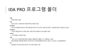 IDA PRO 프로그램 폴더
• cfg
• 설정 파일이 있음
• idc
• IDA의 내장 스크립트에서 필요한 핵심 파일이 있음
• loaders
• PE나 ELF파일같이 알려진 파일 포맷을 파싱하고 인식하는 파일 로딩 절차 시 필요한 확장 기능을 담고 있음
• plugins
• 기능추가를 쉽게 하기 위한 모듈. 사용자 정의 모듈이나 IDA 모듈이 있음
• procs
• 디스어셈블 기능들이 있음
• sig
• 기존 코드의 다양한 패턴 매칭 작업을 수행할 때 사용할 시그니처를 담고 있음
• 패턴 매칭을 이용하면 알려진 라이브러리 코드를 판별해 분석하는 작업 시 소요되는 시간을 줄여준다
• til
• 컴파일러 라이브러리의 데이터 구조 레이아웃을 기록
 