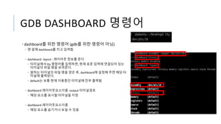 GDB DASHBOARD 명령어
• dashboard를 위한 명령어 (gdb를 위한 명령어 아님)
• 맨 앞에 dashboard를 치고 입력함
• dashboard -layout : 레이아웃 정보를 준다
• 터미널에서 tty 명령어를 입력하면, 현재 표준 입력에 연결되어 있는
터미널의 파일 명을 보여준다.
• 원하는 터미널의 파일 명을 얻은 후, dashboard에 설정해 주면 해당 터
미널에 출력된다.
• default는 보통 현재 이용중인 터미널에 전부 출력됨
• dashboard 레이아웃요소이름 -output 터미널경로
• 해당 요소를 표시할 터미널을 지정
• dashboard 레이아웃요소이름
• 해당 요소를 숨기거나 보일 수 있음
 