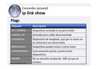 Comandos iproute2
                ip link show
 Flags
  Etiqueta              Descripción
  UP / DOWN             Dispositivo activado o no para recibir
  LOWER_UP              Activado pero cable desconectado
  LOOPBACK              Dispositivo de loopback, que por lo tanto no
                        se comunica con otros hosts.
  BROADCAST             Dispositivo puede enviar a otros hosts
  POINTOPOINT           Comunicación punto a punto entre
                        dispositivos
  NOARP                 No se necesita resolución ARP ya que se
jsancheznav@gmail.com
                        conoce.
 