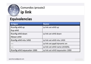 Comandos iproute2
                ip link
 Equivalencias
  Antiguo                         Nuevo
  ifconfig eth0 up                ip link set eth0 up
  ifup eth0
  ifconfig eth0 down              ip link set eth0 down
  ifdown eth0
  ifconfig eth0 mtu 1450          ip link set eth0 mtu 1450
  ----                            ip link set ppp0 dynamic on
  ----                            ip link set eth0 name ethADSL
  ifconfig eth0 txqueuelen 1000   ip link set eth0 txqueuelen 1000


jsancheznav@gmail.com
 