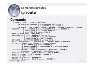 Comandos iproute2
             ip route
 Comando
    ip route { list | flush } SELECTOR
            ip route get ADDRESS [ from ADDRESS iif STRING ]
                                   [ oif STRING ] [ tos TOS ]
            ip route { add | del | change | append | replace | monitor }   ROUTE
    SELECTOR := [ root PREFIX ] [ match PREFIX ] [ exact PREFIX ]
                   [ table TABLE_ID ] [ proto RTPROTO ]
                   [ type TYPE ] [ scope SCOPE ]
    ROUTE := NODE_SPEC [ INFO_SPEC ]
    NODE_SPEC := [ TYPE ] PREFIX [ tos TOS ]
                    [ table TABLE_ID ] [ proto RTPROTO ]
                    [ scope SCOPE ] [ metric METRIC ]
    INFO_SPEC := NH OPTIONS FLAGS [ nexthop NH ]...
    NH := [ via ADDRESS ] [ dev STRING ] [ weight NUMBER ] NHFLAGS
    OPTIONS := FLAGS [ mtu NUMBER ] [ advmss NUMBER ]
                  [ rtt NUMBER ] [ rttvar NUMBER ]
                  [ window NUMBER] [ cwnd NUMBER ] [ ssthresh REALM ]
                  [ realms REALM ]
    TYPE := [ unicast | local | broadcast | multicast | throw |
               unreachable | prohibit | blackhole | nat ]
    TABLE_ID := [ local | main | default | all | NUMBER ]
    SCOPE := [ host | link | global | NUMBER ]
    FLAGS := [ equalize ]
    NHFLAGS := [ onlink | pervasive ]
    RTPROTO := [ kernel | boot | static | NUMBER ]
jsancheznav@gmail.com
 