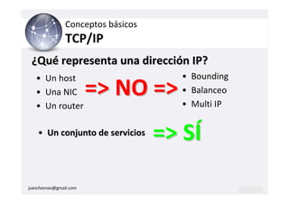 Conceptos básicos
                TCP/IP
 ¿Qué representa una dirección IP?
   • Un host                          • Bounding
   • Una NIC            => NO =>      • Balanceo
                                      • Multi IP
   • Un router

    • Un conjunto de servicios      => SÍ

jsancheznav@gmail.com
 