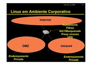 LSI TEC (c) 2000   27




 Linux em Ambiente Corporativo

                Internet
                             Roteamento
                               Filtros
                           NAT/Masquerade
                  DMZ       Proxy reverso
                                VPN


         DMZ               Intranet


Endereçamento                Endereçamento
   Privado                      Privado
 