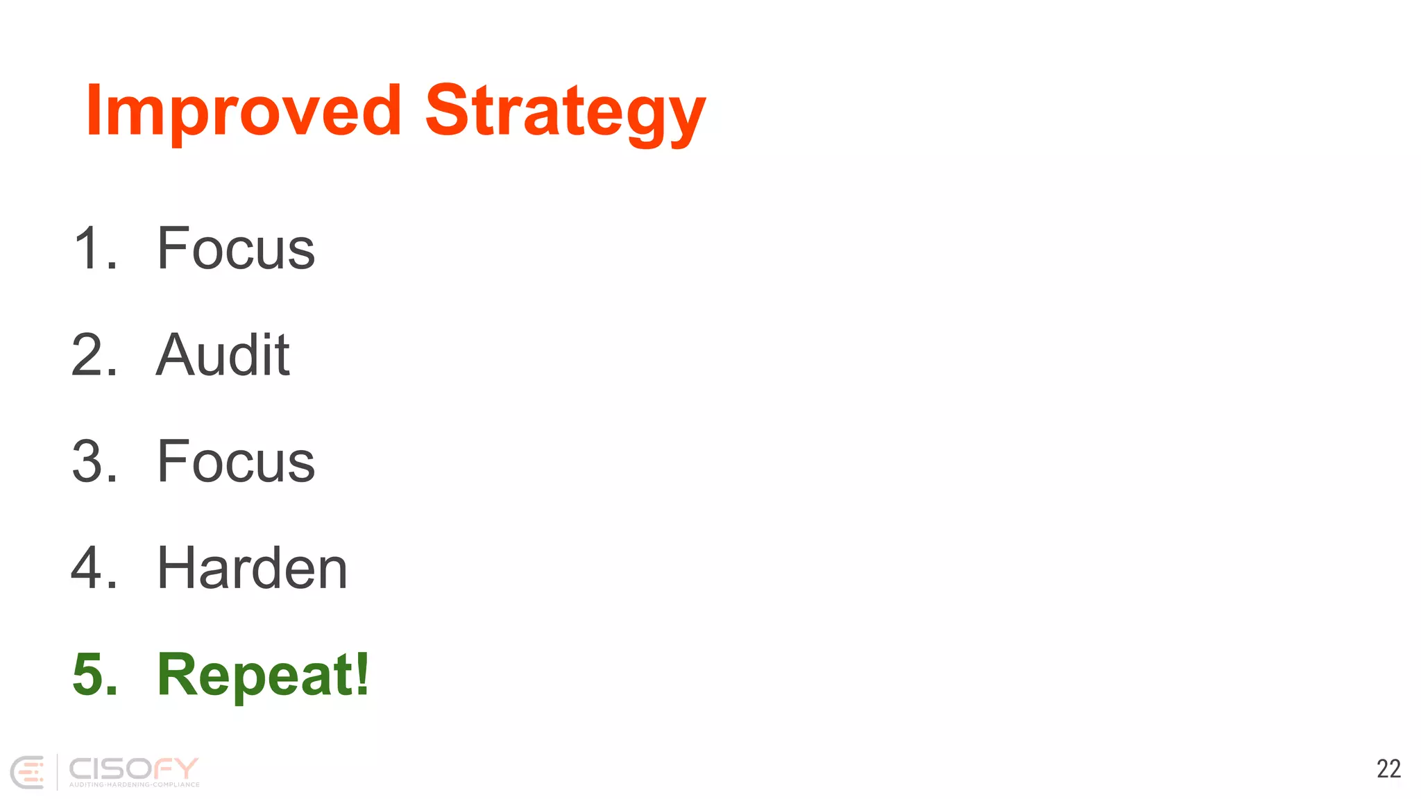 Improved Strategy
1. Focus
2. Audit
3. Focus
4. Harden
5. Repeat!
22
 