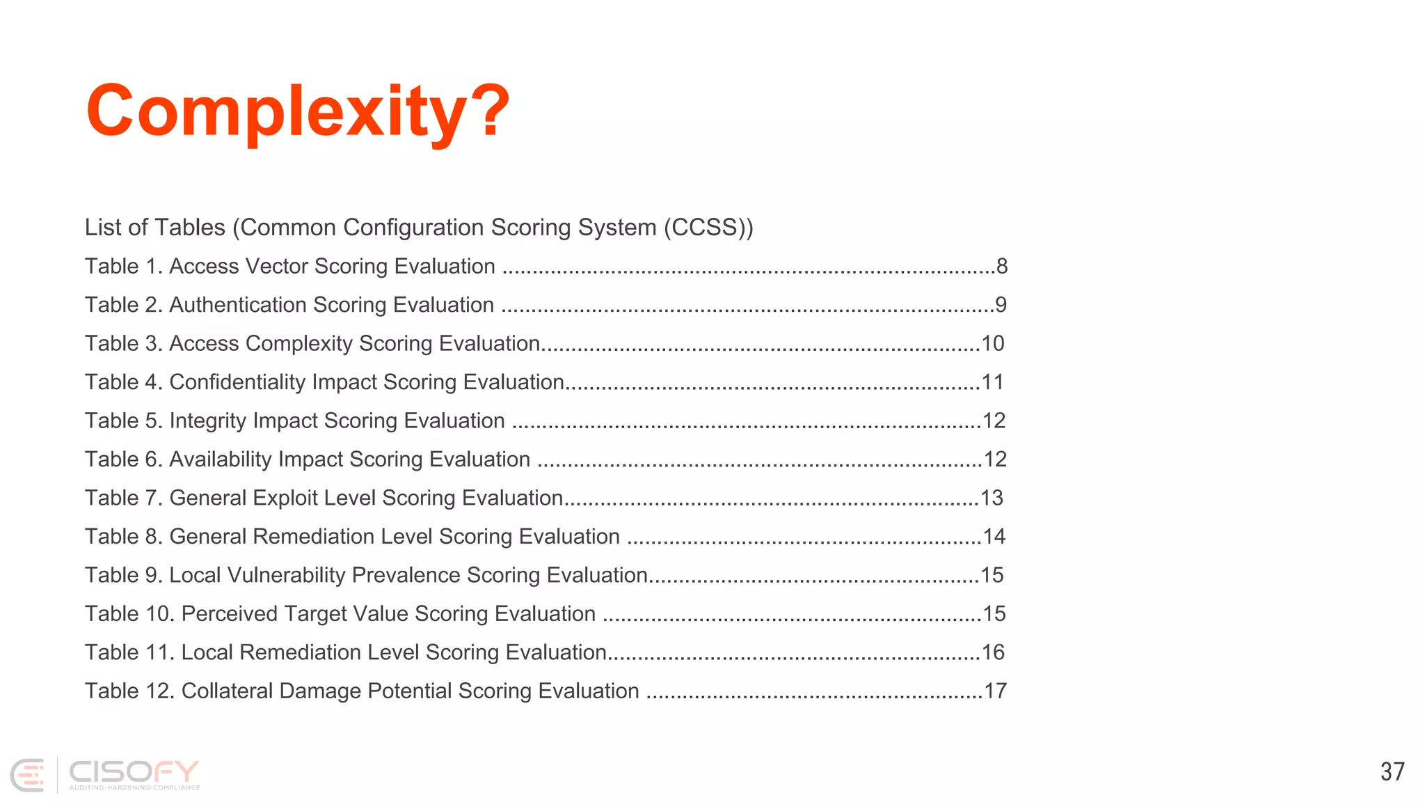 Complexity?
List of Tables (Common Configuration Scoring System (CCSS))
Table 1. Access Vector Scoring Evaluation ..................................................................................8
Table 2. Authentication Scoring Evaluation ..................................................................................9
Table 3. Access Complexity Scoring Evaluation.........................................................................10
Table 4. Confidentiality Impact Scoring Evaluation.....................................................................11
Table 5. Integrity Impact Scoring Evaluation ..............................................................................12
Table 6. Availability Impact Scoring Evaluation ..........................................................................12
Table 7. General Exploit Level Scoring Evaluation.....................................................................13
Table 8. General Remediation Level Scoring Evaluation ...........................................................14
Table 9. Local Vulnerability Prevalence Scoring Evaluation.......................................................15
Table 10. Perceived Target Value Scoring Evaluation ...............................................................15
Table 11. Local Remediation Level Scoring Evaluation..............................................................16
Table 12. Collateral Damage Potential Scoring Evaluation ........................................................17
37
 