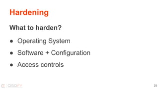 Hardening
What to harden?
● Operating System
● Software + Configuration
● Access controls
25
 
