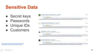 ● Secret keys
● Passwords
● Unique IDs
● Customers
Sensitive Data
74
http://blog.arvidandersson.se/2013/06/10/credentials-in-git-repos
http://blog.nortal.com/mining-passwords-github-repositories/
 