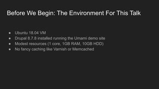 Before We Begin: The Environment For This Talk
● Ubuntu 18.04 VM
● Drupal 8.7.8 installed running the Umami demo site
● Modest resources (1 core, 1GB RAM, 10GB HDD)
● No fancy caching like Varnish or Memcached
 