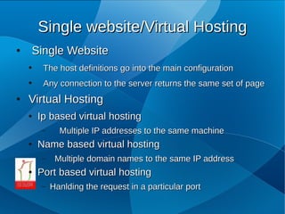 Single website/Virtual Hosting
●   Single Website
    ●    The host definitions go into the main configuration
    ●    Any connection to the server returns the same set of page
●   Virtual Hosting
    ●   Ip based virtual hosting
        –     Multiple IP addresses to the same machine
    ●   Name based virtual hosting
        –    Multiple domain names to the same IP address
    ●   Port based virtual hosting
        –   Hanlding the request in a particular port
 