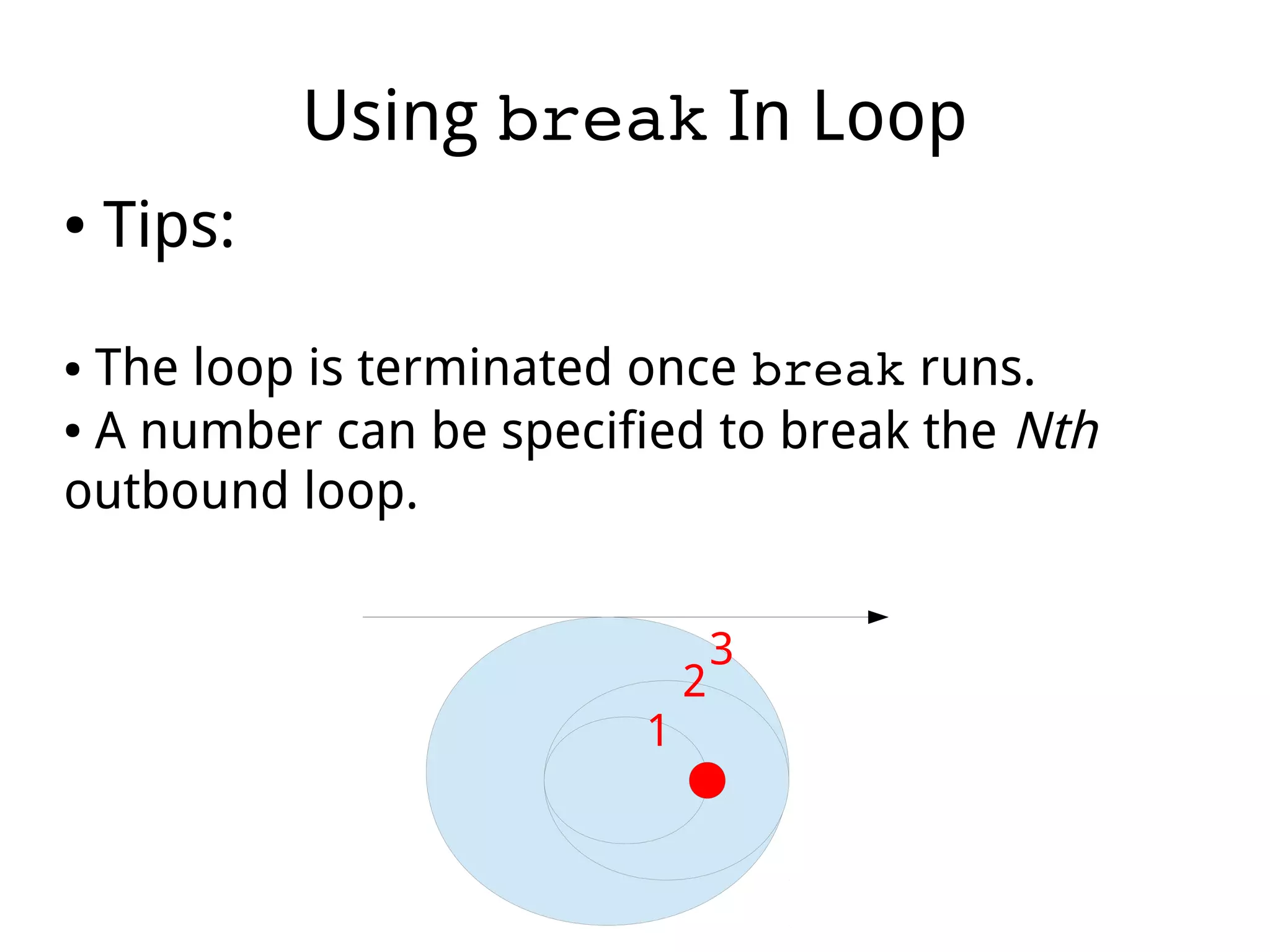 Using break In Loop
● Tips:
● The loop is terminated once break runs.
● A number can be specified to break the Nth
outbound loop.
1
2
3
 