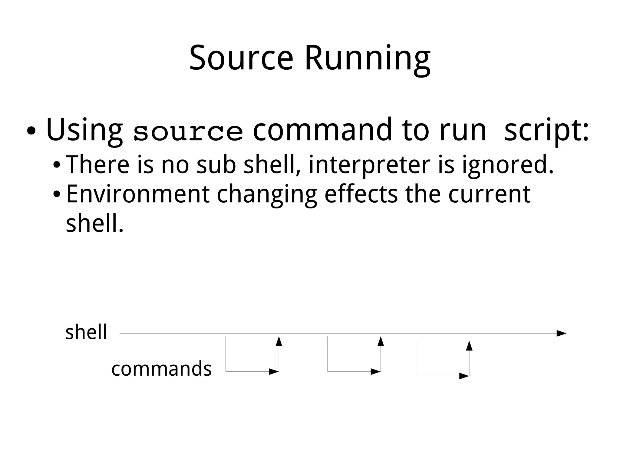 Source Running
● Using source command to run script:
● There is no sub shell, interpreter is ignored.
● Environment changing effects the current
shell.
shell
commands
 