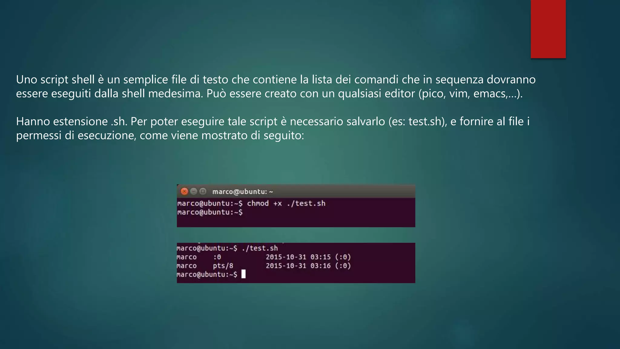 Uno script shell è un semplice file di testo che contiene la lista dei comandi che in sequenza dovranno
essere eseguiti dalla shell medesima. Può essere creato con un qualsiasi editor (pico, vim, emacs,…).
Hanno estensione .sh. Per poter eseguire tale script è necessario salvarlo (es: test.sh), e fornire al file i
permessi di esecuzione, come viene mostrato di seguito:
 