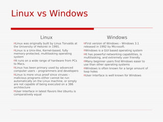 Linux vs Windows

                    Linux                                           Windows
Linux  was originally built by Linus Torvalds at   Firstversion of Windows – Windows 3.1
the University of Helsinki in 1991.                 released in 1992 by Microsoft.
Linux is a Unix-like, Kernel-based, fully          Windows is a GUI based operating system

memory-protected, multitasking operating            It has powerful networking capabilities, is
system                                              multitasking, and extremely user friendly
It runs on a wide range of hardware from PCs       Many beginner users find Windows easer to
to Macs.                                            use than other operating systems
Linux has been primary used by advanced            Windows is often known for a large amount of
computer users – programmers and developers         loop holes
Linux is more virus proof since viruses –          User Interface is well known for Windows
malicious programs either cannot be run
automatically on the Linux machine, or simply
are not capable of being executed on a 386
architecture
User Interface in latest flavors like Ubuntu is

comparatively equal
 