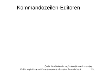 25Einführung in Linux und Kommandozeile – Informatica Feminale 2013
Kommandozeilen-Editoren
Quelle: http://unix.rulez.org/~calver/pictures/curves.jpg
 