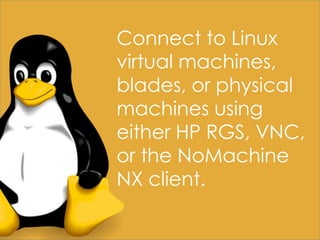Connect to Linux
virtual machines,
blades, or physical
machines using
either HP RGS, VNC,
or the NoMachine
NX client.

 