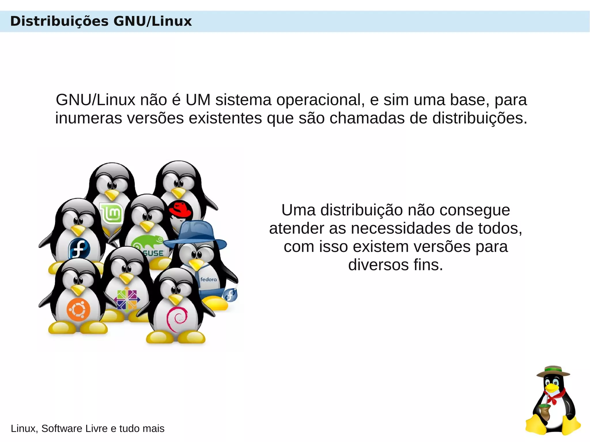 Linux, Software Livre e tudo mais
Distribuições GNU/Linux
GNU/Linux não é UM sistema operacional, e sim uma base, para
inumeras versões existentes que são chamadas de distribuições.
Uma distribuição não consegue
atender as necessidades de todos,
com isso existem versões para
diversos fins.
 