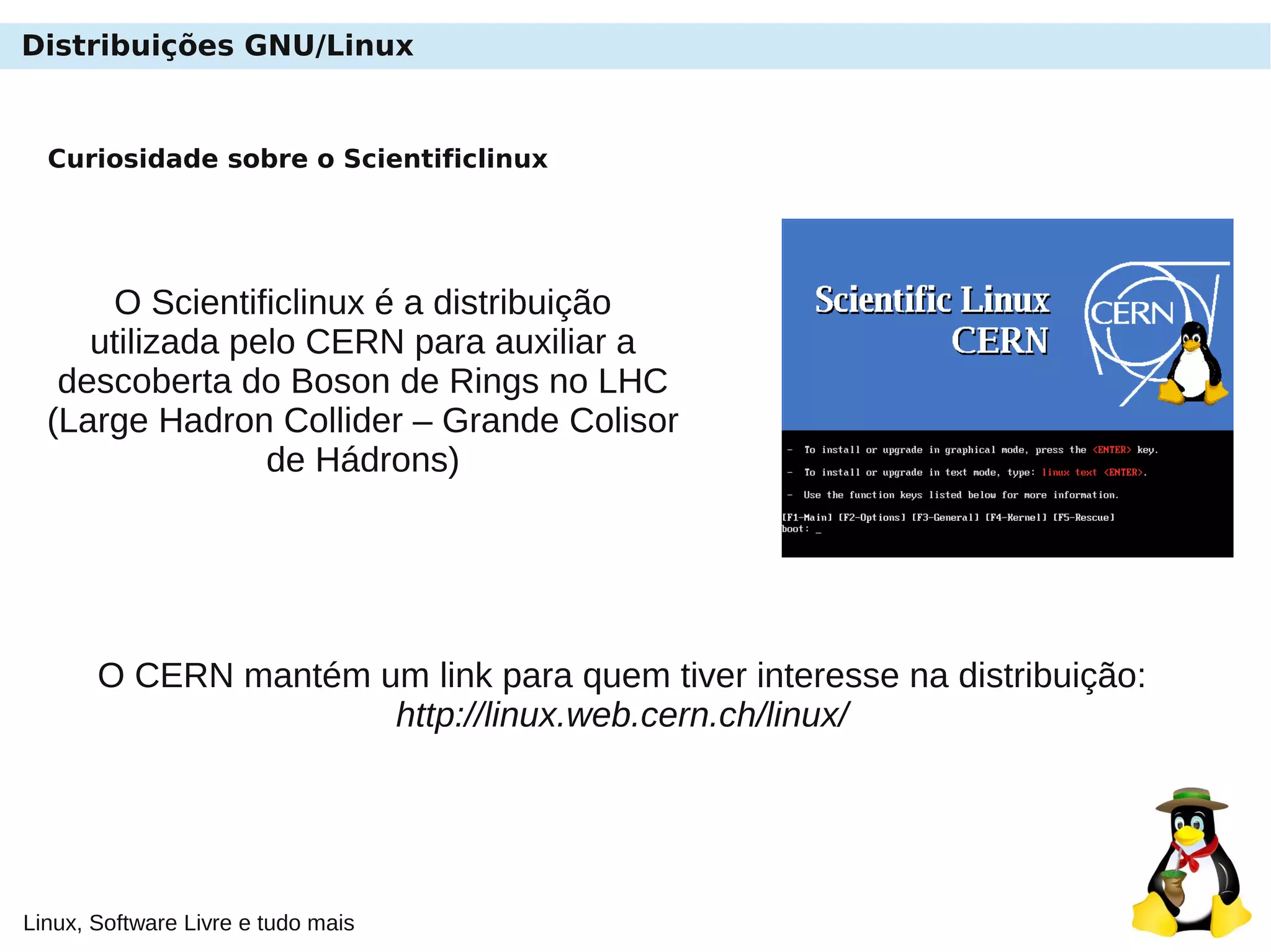 Linux, Software Livre e tudo mais
Curiosidade sobre o Scientificlinux
O Scientificlinux é a distribuição
utilizada pelo CERN para auxiliar a
descoberta do Boson de Rings no LHC
(Large Hadron Collider – Grande Colisor
de Hádrons)
O CERN mantém um link para quem tiver interesse na distribuição:
http://linux.web.cern.ch/linux/
Distribuições GNU/Linux
 