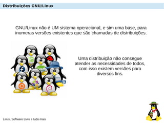 Linux, Software Livre e tudo mais
Distribuições GNU/Linux
GNU/Linux não é UM sistema operacional, e sim uma base, para
inumeras versões existentes que são chamadas de distribuições.
Uma distribuição não consegue
atender as necessidades de todos,
com isso existem versões para
diversos fins.
 
