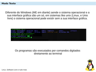 Linux, Software Livre e tudo mais
Modo Texto
Diferente do Windows (ME em diante) aonde o sistema operacional e a
sua interface gráfica são um só, em sistemas like unix (Linux, e Unix
livre) o sistema operacional pode existir sem a sua interface gráfica.
Os programas são executados por comandos digitados
diretamente ao terminal
 