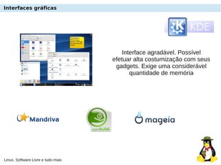 Linux, Software Livre e tudo mais
Interfaces gráficas
Interface agradável. Possível
efetuar alta costumização com seus
gadgets. Exige uma considerável
quantidade de memória
 