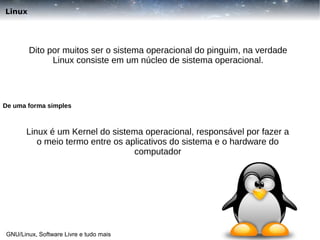 Linux

Dito por muitos ser o sistema operacional do pinguim, na verdade
Linux consiste em um núcleo de sistema operacional.

De uma forma simples

Linux é um Kernel do sistema operacional, responsável por fazer a
o meio termo entre os aplicativos do sistema e o hardware do
computador

GNU/Linux, Software Livre e tudo mais

 