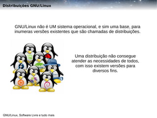 Distribuições GNU/Linux

GNU/Linux não é UM sistema operacional, e sim uma base, para
inumeras versões existentes que são chamadas de distribuições.

Uma distribuição não consegue
atender as necessidades de todos,
com isso existem versões para
diversos fins.

GNU/Linux, Software Livre e tudo mais

 