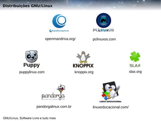 Distribuições GNU/Linux

openmandriva.org/

puppylinux.com

pandorgalinux.com.br
GNU/Linux, Software Livre e tudo mais

pclinuxos.com

knoppix.org

linuxeducacional.com/

slax.org

 