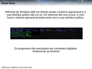 Modo Texto

Diferente do Windows (ME em diante) aonde o sistema operacional e a
sua interface gráfica são um só, em sistemas like unix (Linux, e Unix
livre) o sistema operacional pode existir sem a sua interface gráfica.

Os programas são executados por comandos digitados
diretamente ao terminal

GNU/Linux, Software Livre e tudo mais

 