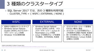 3 種類のクラスタータイプ
2017/9/7db tech showcase 2017 Tokyo28
 SQL Server 2017 では、次の 3 種類を利用可能
 CLUSTER_TYPE = { WSFC | EXTERNAL | NONE }
CREATE AVAILABILITY GROUP (Transact-SQL)
https://docs.microsoft.com/en-us/sql/t-sql/statements/create-availability-group-transact-sql
WSFC EXTERNAL NONE
• 従来から使用されていたタイプ
• Windows Server Failover
Cluster (WSFC) をクラスター
マネージャーとして利用
• Windows でのみ使用可能
• Windows Server Failover
Cluster (WSFC) 以外を、クラ
スターマネージャー (Linux の
Pacemaker) として利用
• Linux で可用性グループを使用
する場合、EXTERNAL を設定
• クラスタマネージャーで管理を
行わない場合に指定
• クラスターレスの可用性グルー
プを使用する場合 NONE を設定
• 同一の可用性グループに異なる
OS (Windows / Linux) を含め
る場合にも利用
 