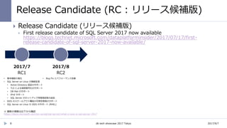 Release Candidate (RC : リリース候補版)
8
 Release Candidate (リリース候補版)
 First release candidate of SQL Server 2017 now available
https://blogs.technet.microsoft.com/dataplatforminsider/2017/07/17/first-
release-candidate-of-sql-server-2017-now-available/
https://docs.microsoft.com/en-us/sql/sql-server/what-s-new-in-sql-server-2017
2017/9/7db tech showcase 2017 Tokyo
 
