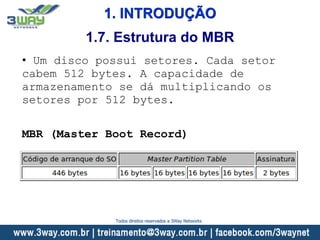 1. INTRODUÇÃO
• Um disco possui setores. Cada setor
cabem 512 bytes. A capacidade de
armazenamento se dá multiplicando os
setores por 512 bytes.
MBR (Master Boot Record)
1.7. Estrutura do MBR
Todos direitos reservados a 3Way Networks
 