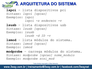 2. ARQUITETURA DO SISTEMA
lspci – lista dispositivos pci
Sintaxe: lspci [opcao]
Exemplos: lspci
lspci -s endereco -v
lsusb – lista dispositivos usb
Sintaxe: lsusb [opcao]
Exemplos: lsusb
lsusb -d ID -v
lsmod – lista módulos do sistema.
Sintaxe: lsmod [opcao]
Exemplo: lsmod
modprobe – carrega módulos do sistema.
Sintaxe: modprobe [opcao] nome_modulo
Exemplo: modprobe scsi_mod
Todos direitos reservados a 3Way Networks
 