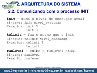 2. ARQUITETURA DO SISTEMA
2.2. Comunicando com o processo INIT
init – muda o nível de execução atual
Sintaxe: init nivel_execucao
Exemplos: init 5
init 3
telinit – faz o mesmo que o init
Sintaxe: telinit nivel_execucao
Exemplos: telinit 5
telinit 3
runlevel – exibe o runlevel atual
Sintaxe: runlevel
Exemplo: runlevel
Todos direitos reservados a 3Way Networks
 