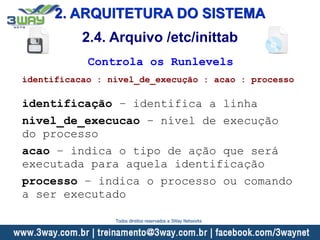 2. ARQUITETURA DO SISTEMA
2.4. Arquivo /etc/inittab
Controla os Runlevels
identificacao : nivel_de_execução : acao : processo
identificação – identifica a linha
nivel_de_execucao – nível de execução
do processo
acao – indica o tipo de ação que será
executada para aquela identificação
processo – indica o processo ou comando
a ser executado
Todos direitos reservados a 3Way Networks
 