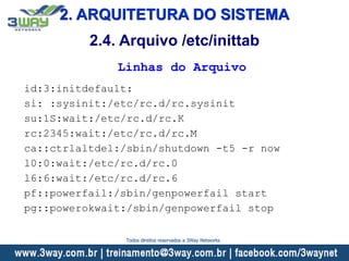 2. ARQUITETURA DO SISTEMA
2.4. Arquivo /etc/inittab
Linhas do Arquivo
id:3:initdefault:
si: :sysinit:/etc/rc.d/rc.sysinit
su:1S:wait:/etc/rc.d/rc.K
rc:2345:wait:/etc/rc.d/rc.M
ca::ctrlaltdel:/sbin/shutdown -t5 -r now
l0:0:wait:/etc/rc.d/rc.0
l6:6:wait:/etc/rc.d/rc.6
pf::powerfail:/sbin/genpowerfail start
pg::powerokwait:/sbin/genpowerfail stop
Todos direitos reservados a 3Way Networks
 