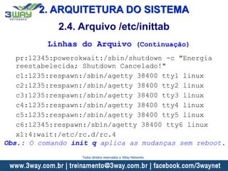 2. ARQUITETURA DO SISTEMA
2.4. Arquivo /etc/inittab
Linhas do Arquivo (Continuação)
pr:12345:powerokwait:/sbin/shutdown -c "Energia
reestabelecida; Shutdown Cancelado!"
c1:1235:respawn:/sbin/agetty 38400 tty1 linux
c2:1235:respawn:/sbin/agetty 38400 tty2 linux
c3:1235:respawn:/sbin/agetty 38400 tty3 linux
c4:1235:respawn:/sbin/agetty 38400 tty4 linux
c5:1235:respawn:/sbin/agetty 38400 tty5 linux
c6:12345:respawn:/sbin/agetty 38400 tty6 linux
x1:4:wait:/etc/rc.d/rc.4
Obs.: O comando init q aplica as mudanças sem reboot.
Todos direitos reservados a 3Way Networks
 