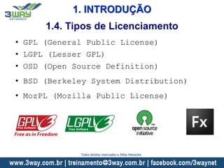 1. INTRODUÇÃO
• GPL (General Public License)
• LGPL (Lesser GPL)
• OSD (Open Source Definition)
• BSD (Berkeley System Distribution)
• MozPL (Mozilla Public License)
1.4. Tipos de Licenciamento
Todos direitos reservados a 3Way Networks
 