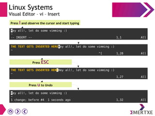 Linux Systems
Visual Editor – vi – Insert
Press I and observe the cursor and start typing
Hey all!, let do some vimming :)
~
-- INSERT -- 1,1 All
THE TEXT GETS INSERTED HEREHey all!, let do some vimming :)
~
^[ 1,28 All
Press ESC
THE TEXT GETS INSERTED HEREHey all!, let do some vimming :)
~
1,27 All
Press u to Undo
Hey all!, let do some vimming :)
~
1 change; before #4 1 seconds ago 1,32 All
 