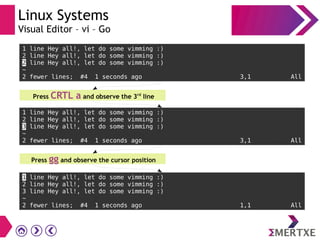 Linux Systems
Visual Editor – vi – Go
1 line Hey all!, let do some vimming :)
2 line Hey all!, let do some vimming :)
2 line Hey all!, let do some vimming :)
~
2 fewer lines; #4 1 seconds ago 3,1 All
Press CRTL a and observe the 3rd
line
1 line Hey all!, let do some vimming :)
2 line Hey all!, let do some vimming :)
3 line Hey all!, let do some vimming :)
~
2 fewer lines; #4 1 seconds ago 3,1 All
Press gg and observe the cursor position
1 line Hey all!, let do some vimming :)
2 line Hey all!, let do some vimming :)
3 line Hey all!, let do some vimming :)
~
2 fewer lines; #4 1 seconds ago 1,1 All
 